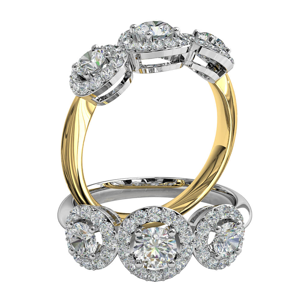 Round Brilliant Cut Diamond Halo Trilogy Engagement Ring, Stones 4 Claw Set in Cut Claw Halos on a Rounded Band.