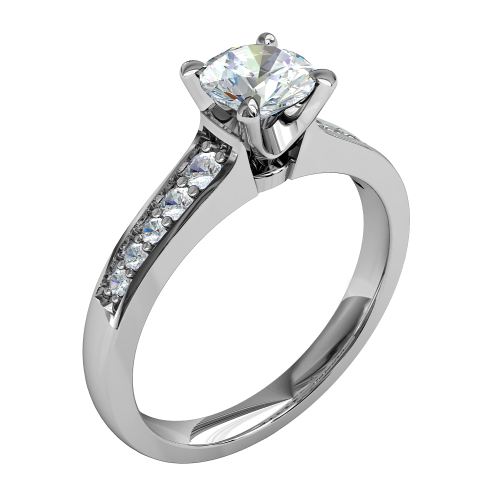 Round Brilliant Cut Solitaire Diamond Engagement Ring, 4 Triangle Claws Set on a Reverse Tapered Bead Set Band with Classic Undersetting.
