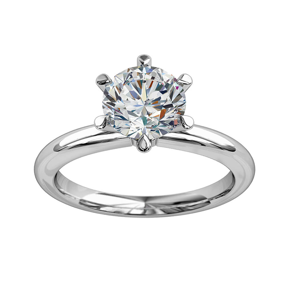 Round Brilliant Cut Solitaire Diamond Engagement Ring, 6 Heavy Pear Shape Claws Set on Thin Straight Rounded Band with Raised Classic Undersetting.