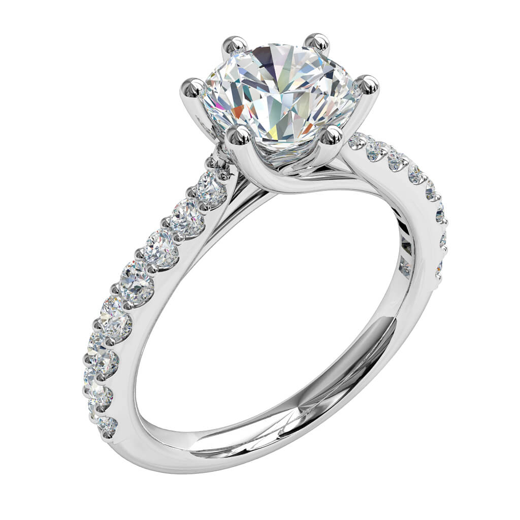 Round Brilliant Cut Solitaire Diamond Engagement Ring, 6 Button Claws Set on a Rounded Tapered Cut Claw Band with Fountain Undersweep Setting.