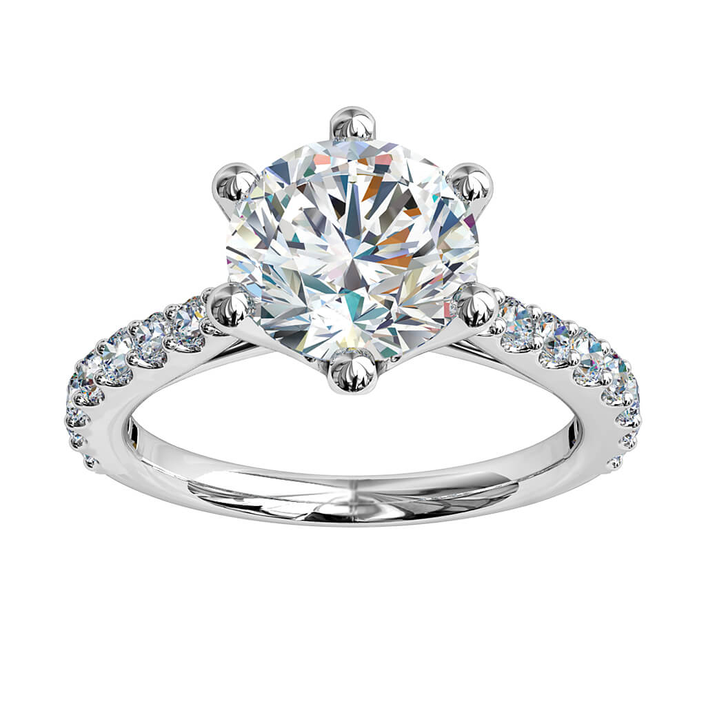 Round Brilliant Cut Solitaire Diamond Engagement Ring, 6 Button Claws Set on Tapering Cut Claw Band with Fluted Undersetting.