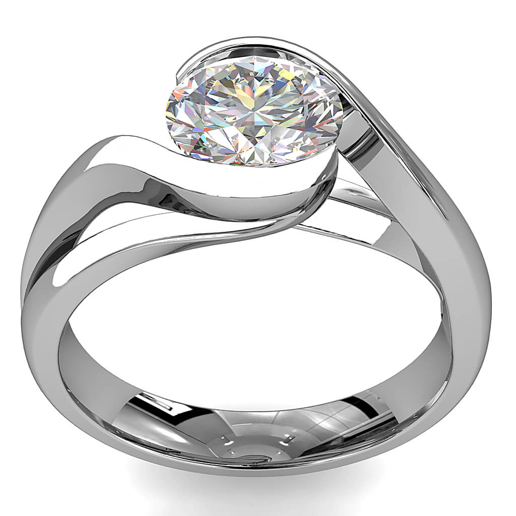 Round Brilliant Cut Solitaire Diamond Engagement Ring, Semi Bezel Set on a Raised Sweeping Band.
