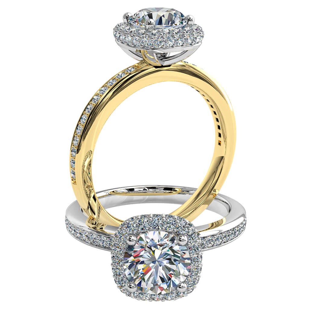 Round Brilliant Cut Diamond Halo Engagement Ring, 4 Claws Set in a Cushion Shape Rolled Pave Halo on a Bead Set Fine Band.