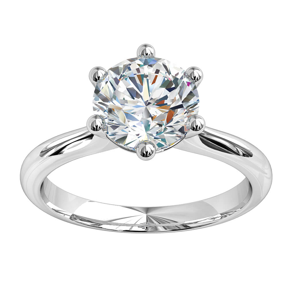 Round Brilliant Cut Solitaire Diamond Engagement Ring, 6 Button Claws Set on Rounded Tapered Band with Classic Undersetting and Support Bar.