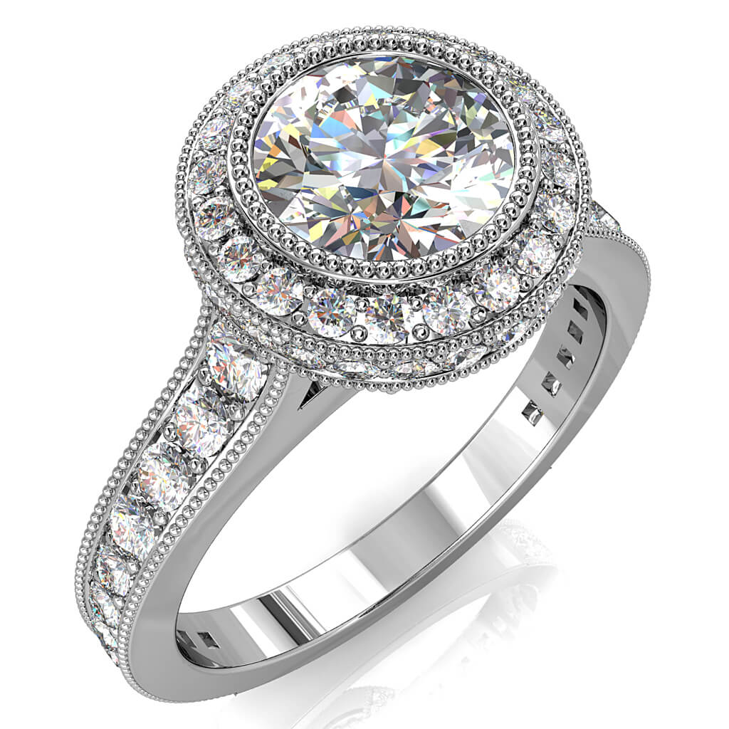 Round Brilliant Cut Halo Diamond Engagement Ring, Milgrain Bezel Set Centre Stone in a Milgrain Bead Set Rolled Halo on a Reverse Tapered Milgrain Bead Set Band with Diamond Set Support Rails.
