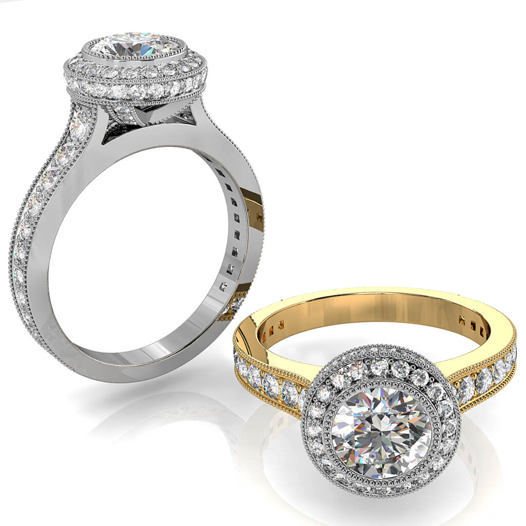 Round Brilliant Cut Halo Diamond Engagement Ring, Milgrain Bezel Set Centre Stone in a Milgrain Bead Set Rolled Halo on a Reverse Tapered Milgrain Bead Set Band with Diamond Set Support Rails.