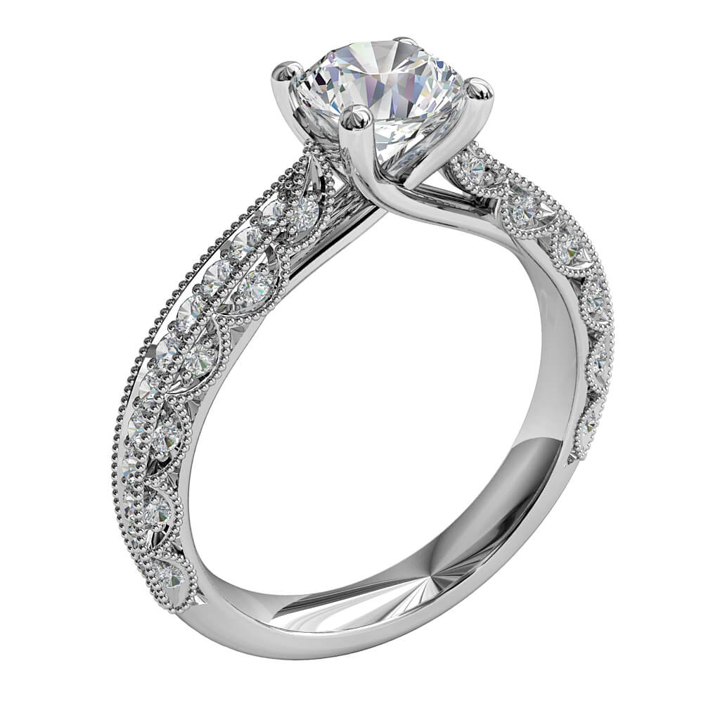 Round Brilliant Cut Solitaire Diamond Engagement Ring, 4 Claws Set on a Milgrain Bead Set Band with Vintage Looped Diamond Outer Band Detail with Undersweep Setting.