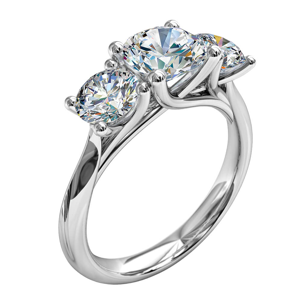 Round Brilliant Cut Diamond Trilogy Engagement Ring, Stones 4 Claw Set on a Tapered Band with Undersweep Setting.