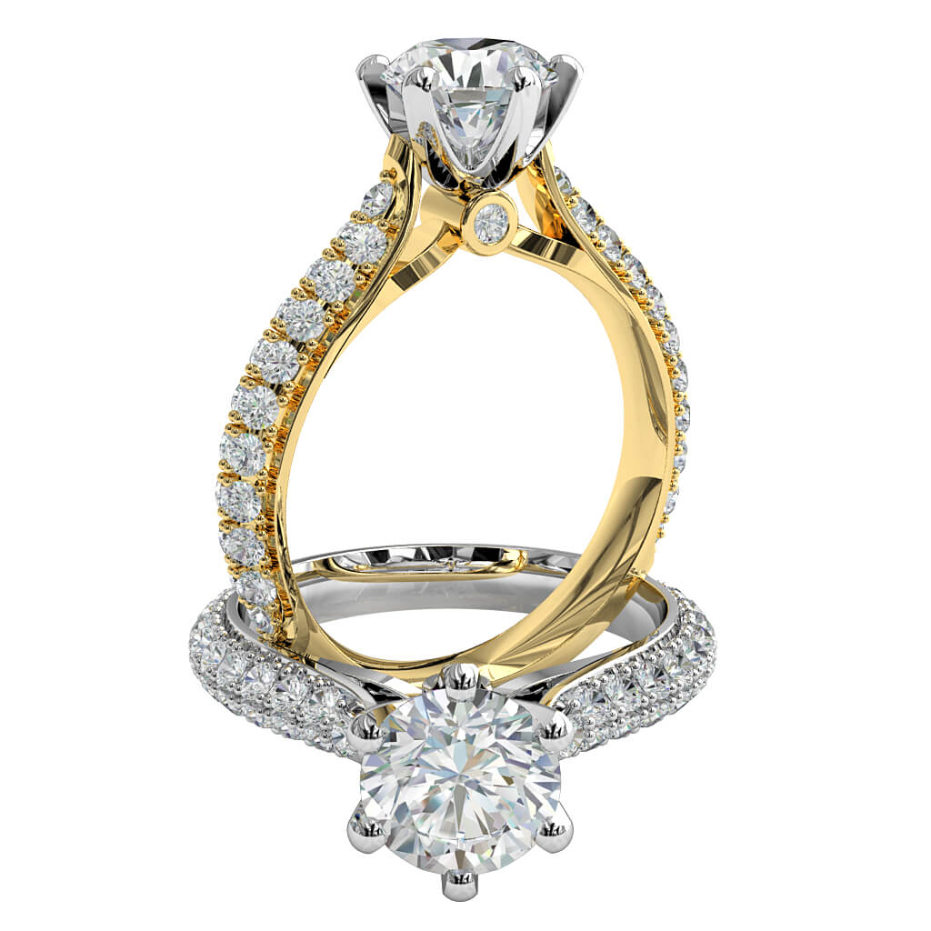 Round Brilliant Cut Solitaire Diamond Engagement Ring, 6 Button Claws Set on Two Row Pavé Band with Hidden Diamond undersetting.