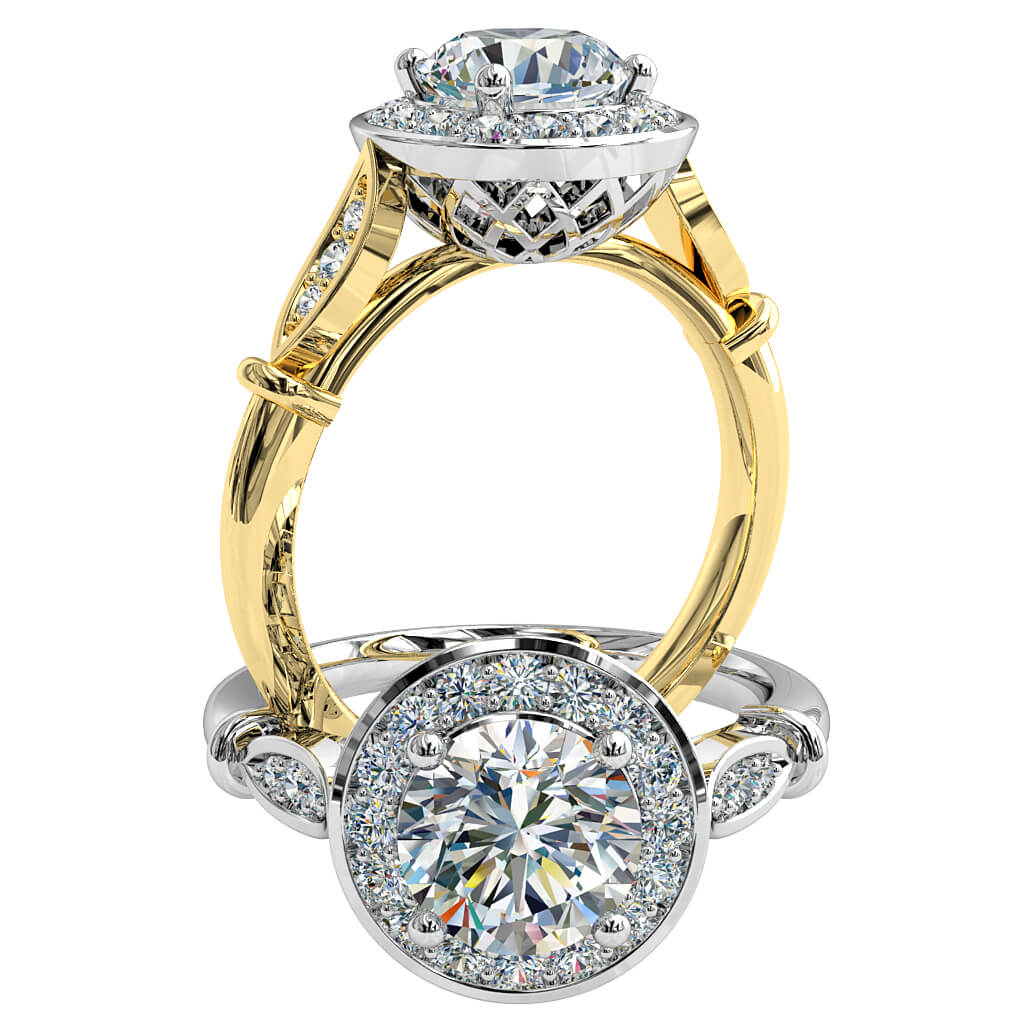 Round Brilliant Cut Diamond Halo Engagement Ring, 4 Pear Claw Set in a Bead Set Halo with Bead Set Side Leaf Detailing and Mesh Under-basket.