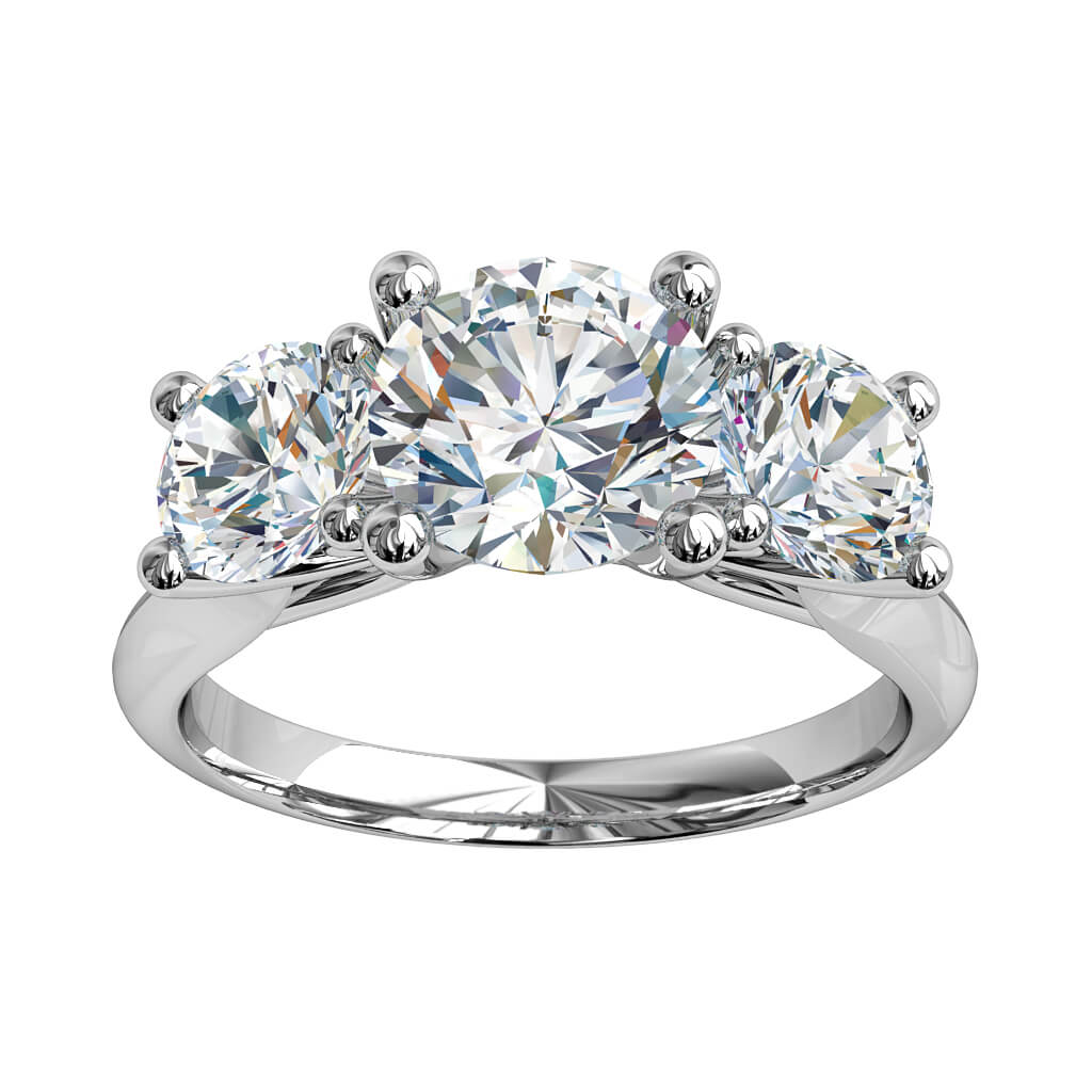 Round Brilliant Cut Diamond Trilogy Engagement Ring, Stones 4 Claw Set on a Rounded Band with V Scroll Undersetting.