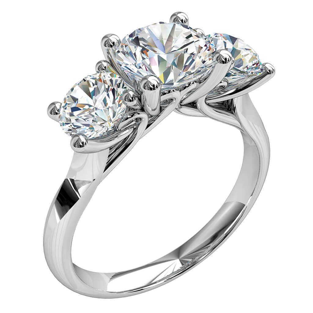 Round Brilliant Cut Diamond Trilogy Engagement Ring, Stones 4 Claw Set on a Rounded Band with V Scroll Undersetting.