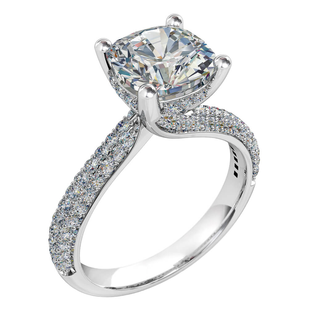 Round Brilliant Cut Solitaire Diamond Engagement Ring, 4 Button Claws Set on Fine Sweeping Rolled Pavé Band with Stone Set Underrail.