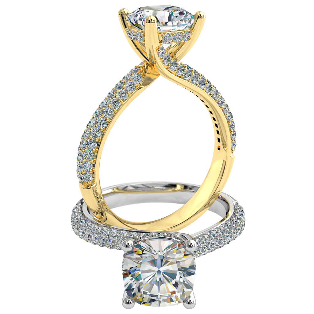Round Brilliant Cut Halo Diamond Engagement Ring, 4 Pear Shaped Claws in a Wrapped Cut Claw Halo on a Sweeping Raised Cut Claw Band with Polished Edges.