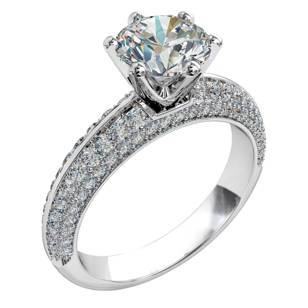Round Brilliant Cut Solitaire Diamond Engagement Ring, 6 Button Claws Set on a Knife Edge Pavé Band with Classic Undersetting.