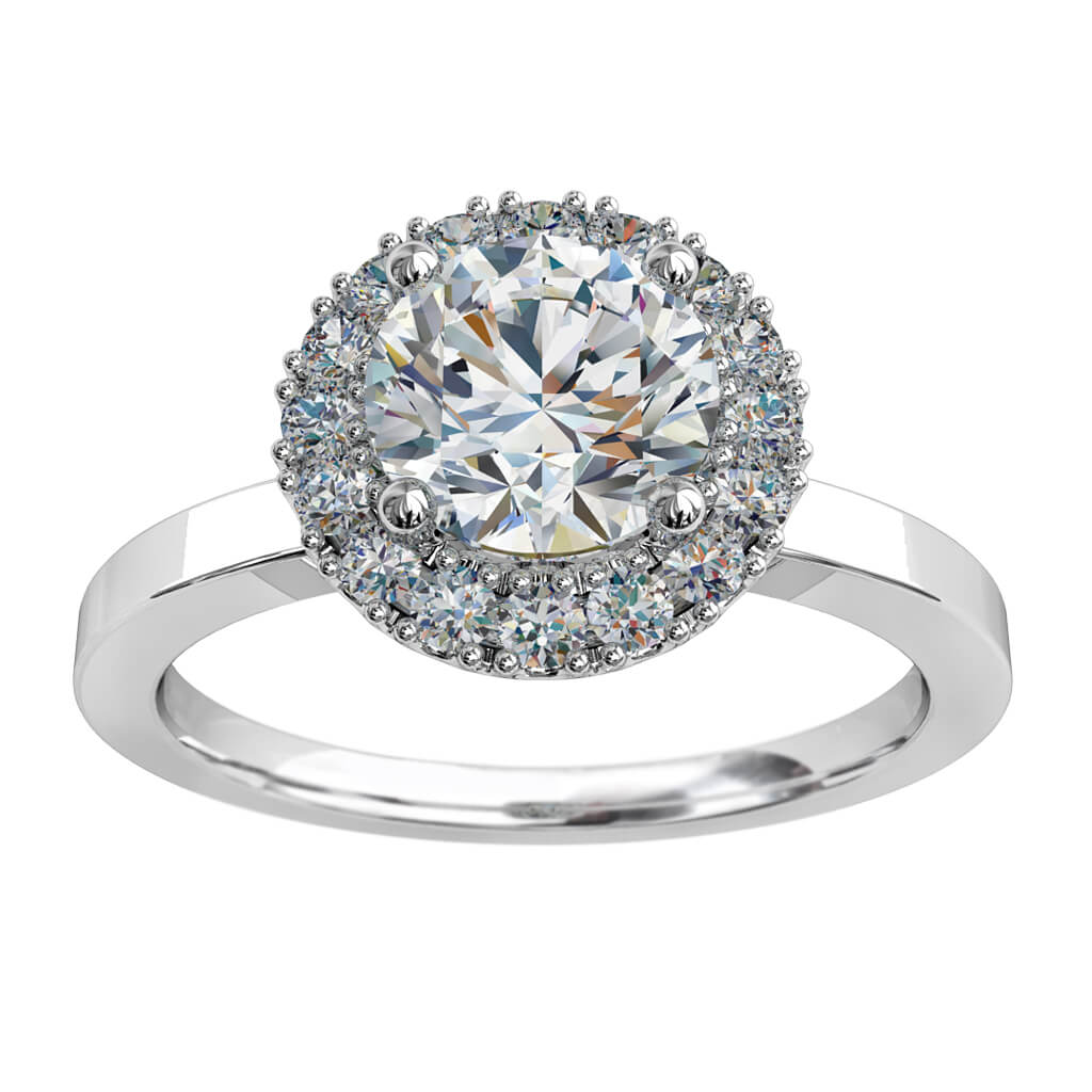 Round Brilliant Cut Halo Diamond Engagement Ring, 4 Claws Set in a Fine Cut Claw Halo on Straight Flat Thin Band with Hidden Diamond and V detail Undersetting.