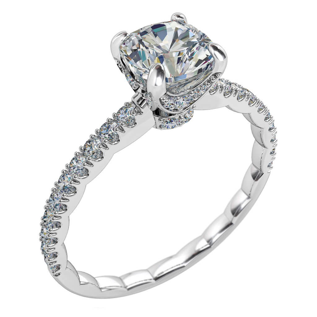 Round Brilliant Cut Solitaire Diamond Engagement Ring, 4 Button Claws Set on a Fine Double Cut Claw Band with Shaped Inside and Stone Set Claws.