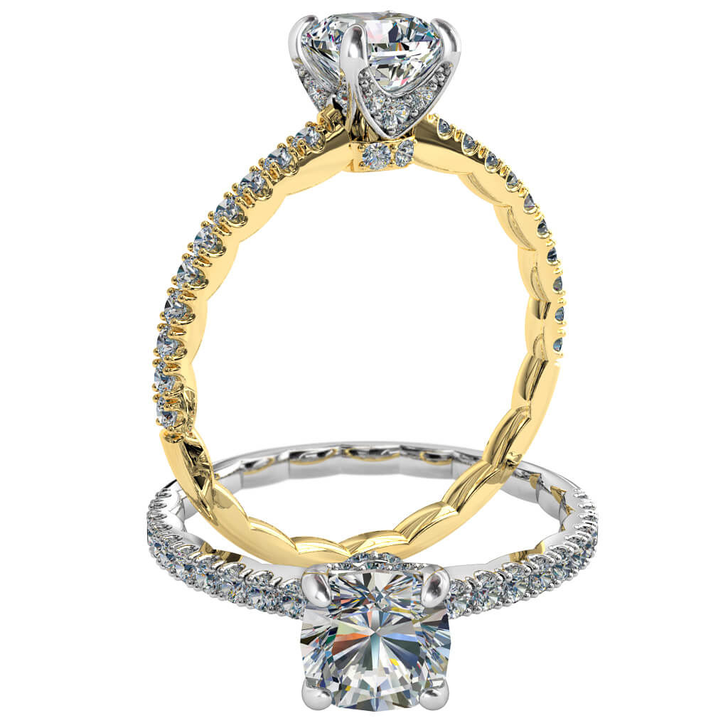 Round Brilliant Cut Solitaire Diamond Engagement Ring, 4 Button Claws Set on a Fine Double Cut Claw Band with Shaped Inside and Stone Set Claws.