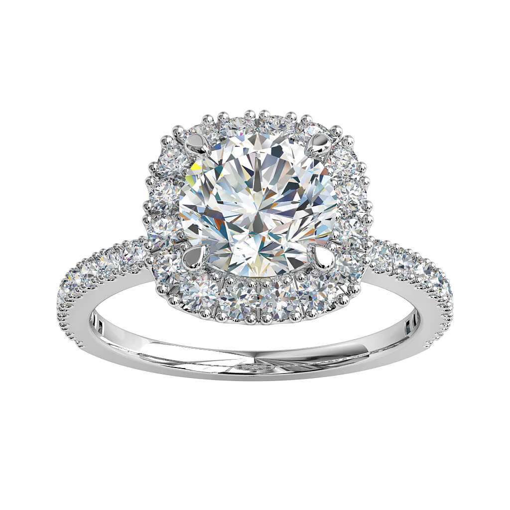 Round Brilliant Cut Diamond Halo Engagement Ring, 4 Claws Set in a Cushion Shape Double Cut Claw Halo on a Thin Cut Claw Band with Diamond set Support Rails.