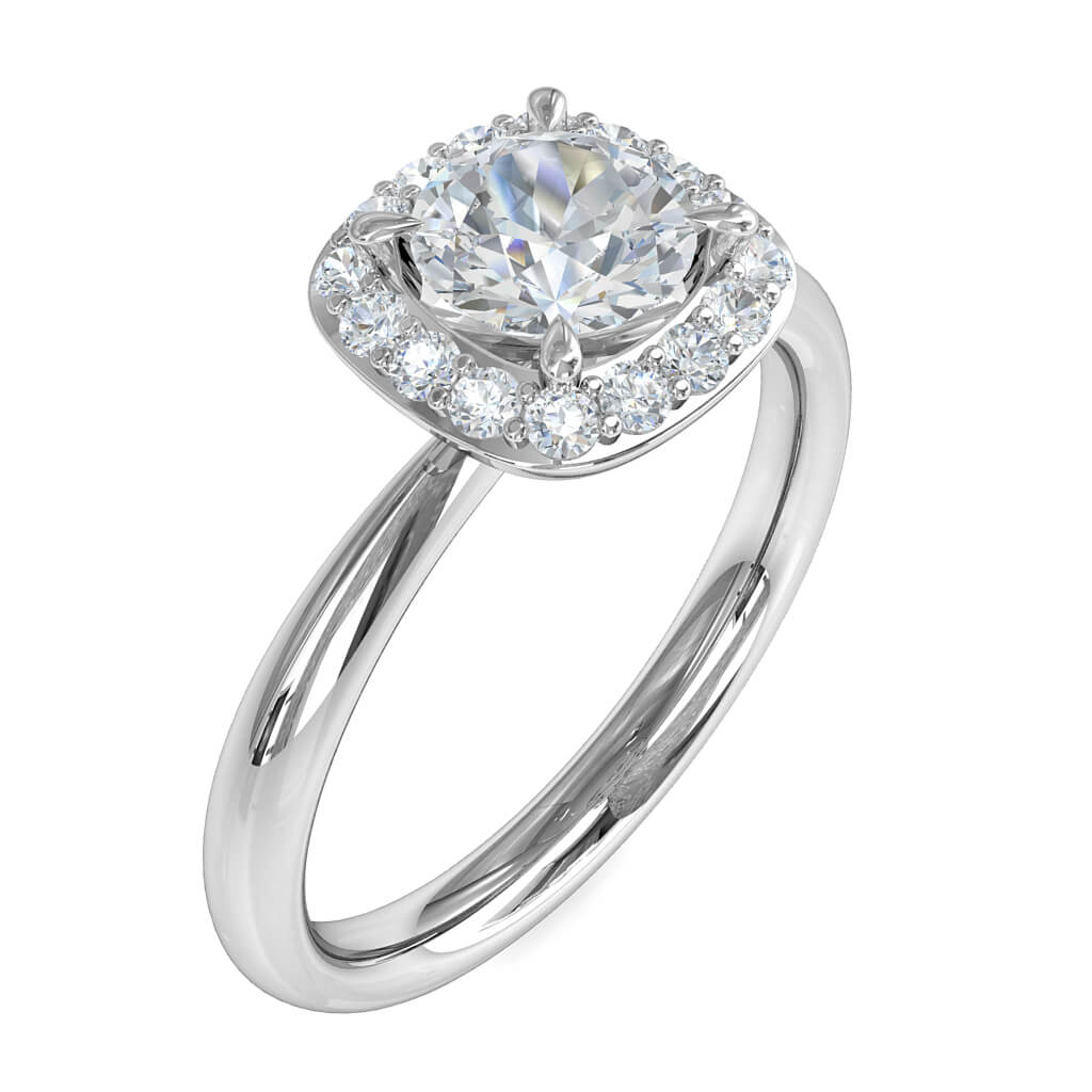 Round Brilliant Cut Diamond Halo Engagement Ring, Pear Shaped Claws Set in a Cushion Shape Grain Set Halo on a Plain Round Tapered Band.