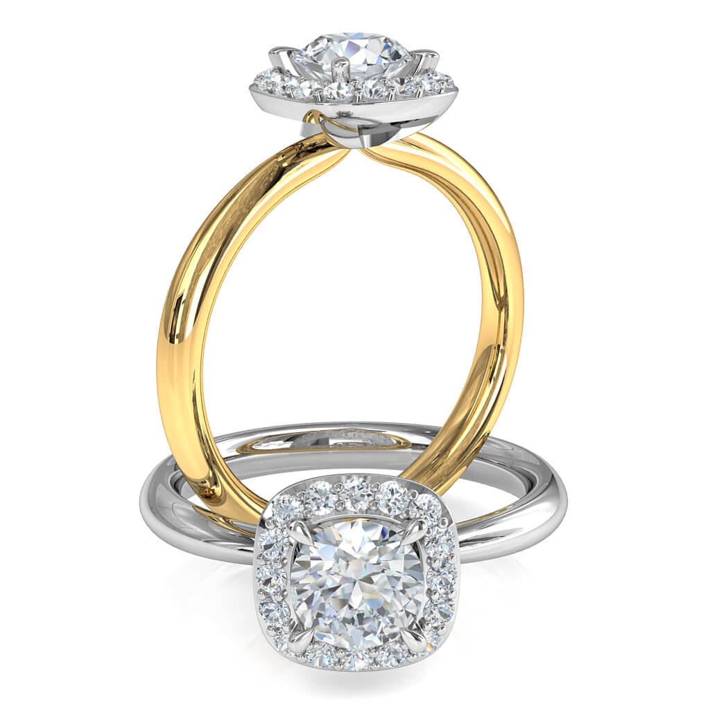 Round Brilliant Cut Diamond Halo Engagement Ring, Pear Shaped Claws Set in a Cushion Shape Grain Set Halo on a Plain Round Tapered Band.