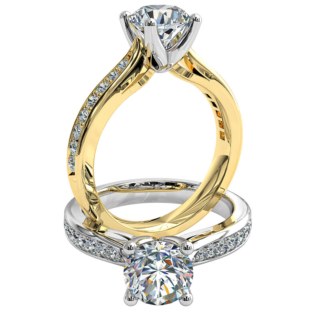 Round Brilliant Cut Solitaire Diamond Engagement Ring, 4 Button Claws Set on a Thin Pinched Bead Set Band with Fluted Undersetting.