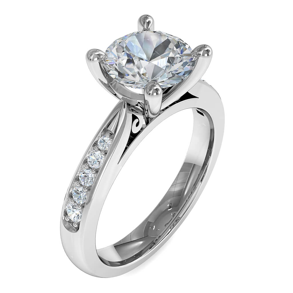 Round Brilliant Cut Solitaire Diamond Engagement Ring, 4 Pear Shaped Claws Set on a Thin Tapered Bead Set Band with Classic Circle Detail Undersetting.