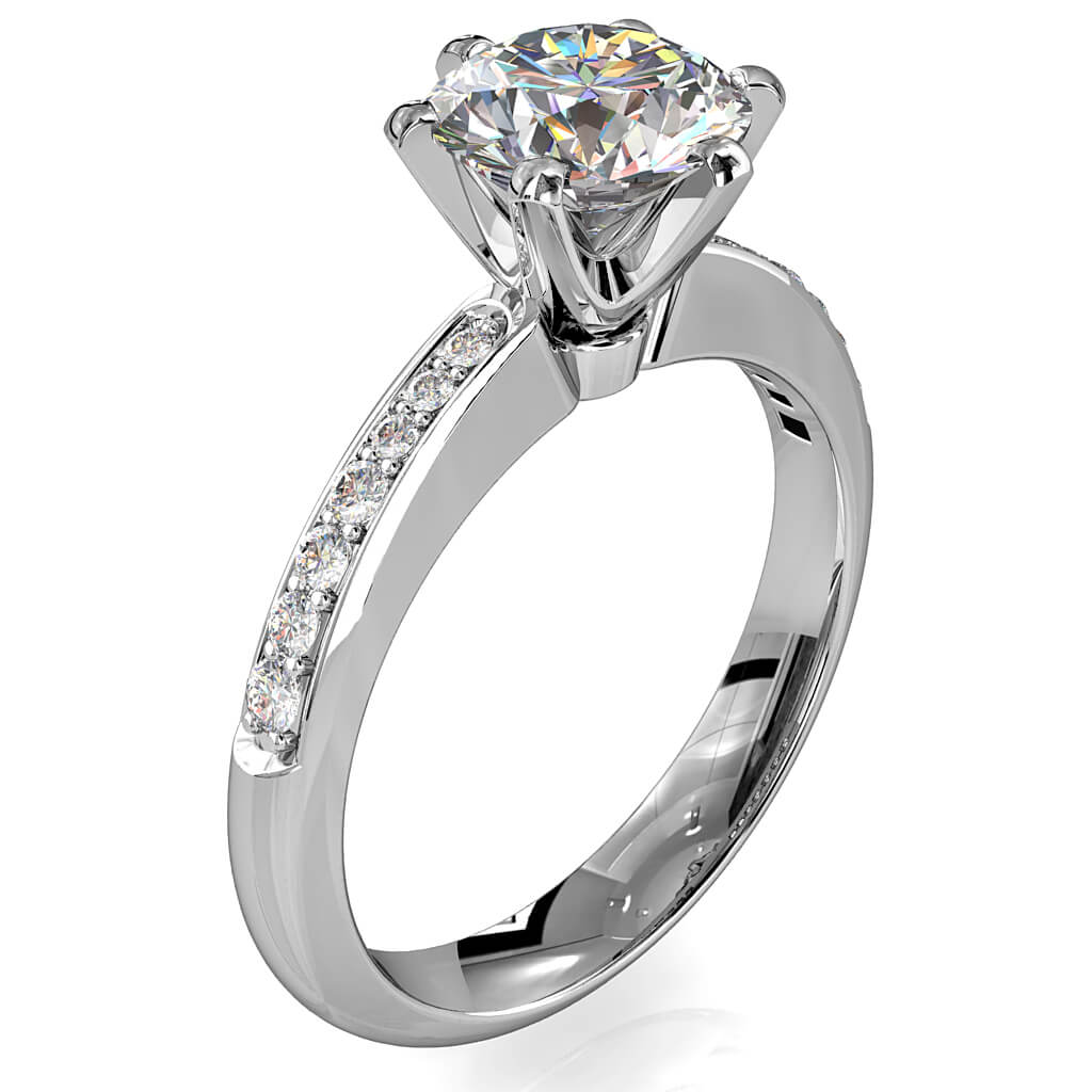Round Brilliant Cut Solitaire Diamond Engagement Ring, 6 Square Claws Set on Bead Set Band with Raised Crown Setting.