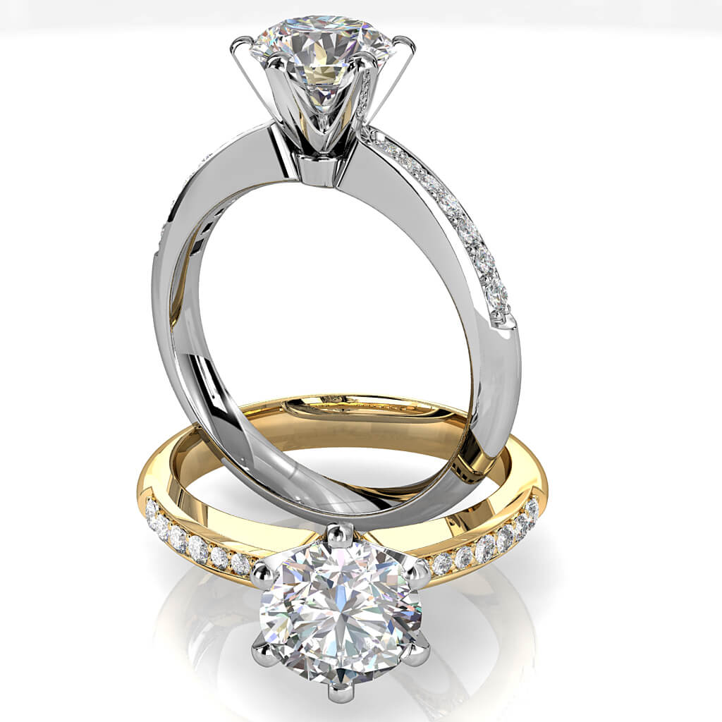 Round Brilliant Cut Solitaire Diamond Engagement Ring, 6 Square Claws Set on Bead Set Band with Raised Crown Setting.