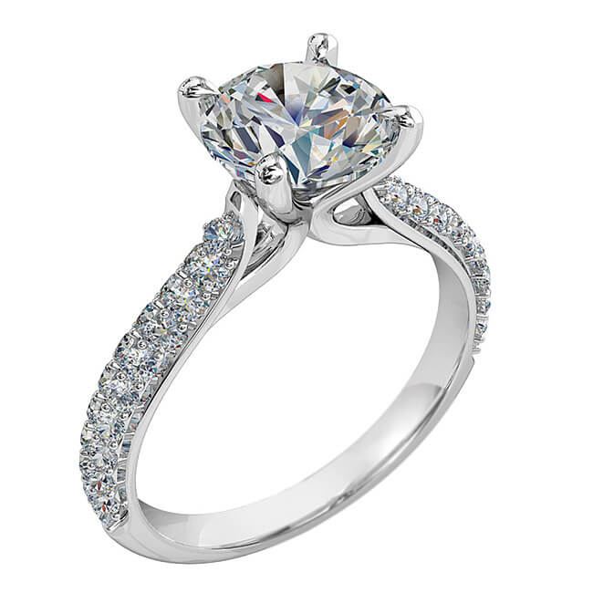 Round Brilliant Cut Solitaire Diamond Engagement Ring, 4 Pear Shape Claws Set on Thin Two Row Pavé Band with Fountain Undersetting.