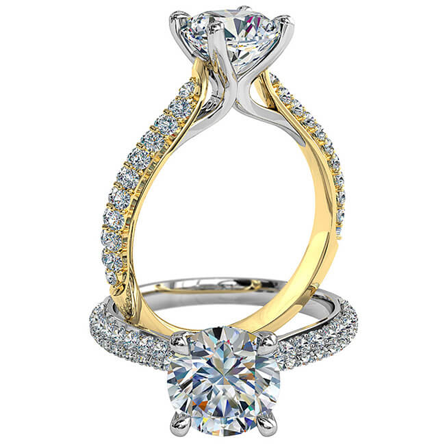 Round Brilliant Cut Solitaire Diamond Engagement Ring, 4 Pear Shape Claws Set on Thin Two Row Pavé Band with Fountain Undersetting.