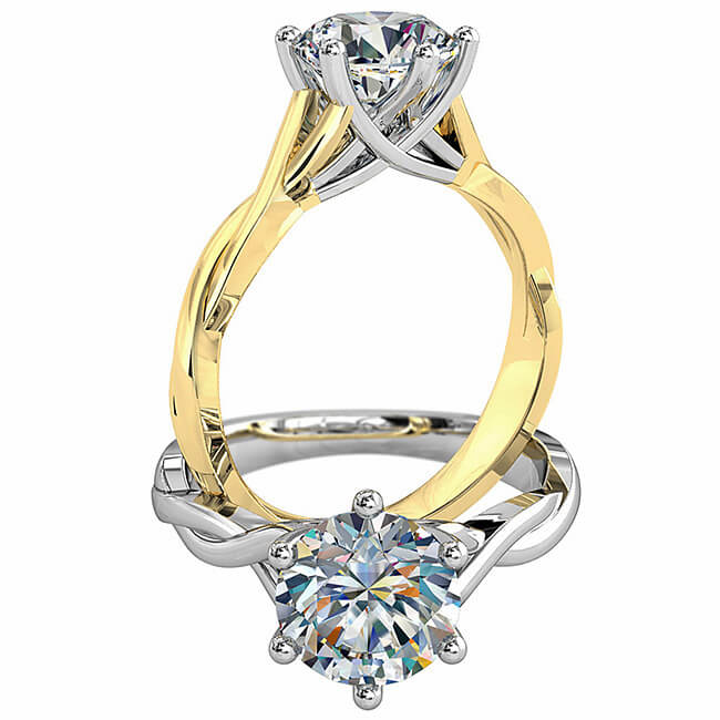 Round Brilliant Cut Solitaire Diamond Engagement Ring, 6 Fine Button Claws Set on a Twisted Vine Band with Lotus Sweeping Undersetting.