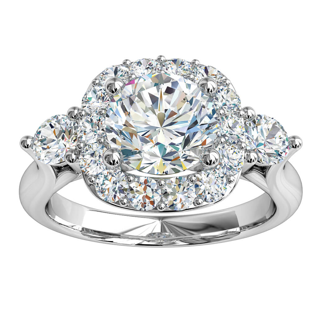 Round Brilliant Cut Diamond Halo Engagement Ring, 4 Claws Set in a Cushion Shape Cut Claw Halo with Round Side Diamonds on a Plain Polished Band.