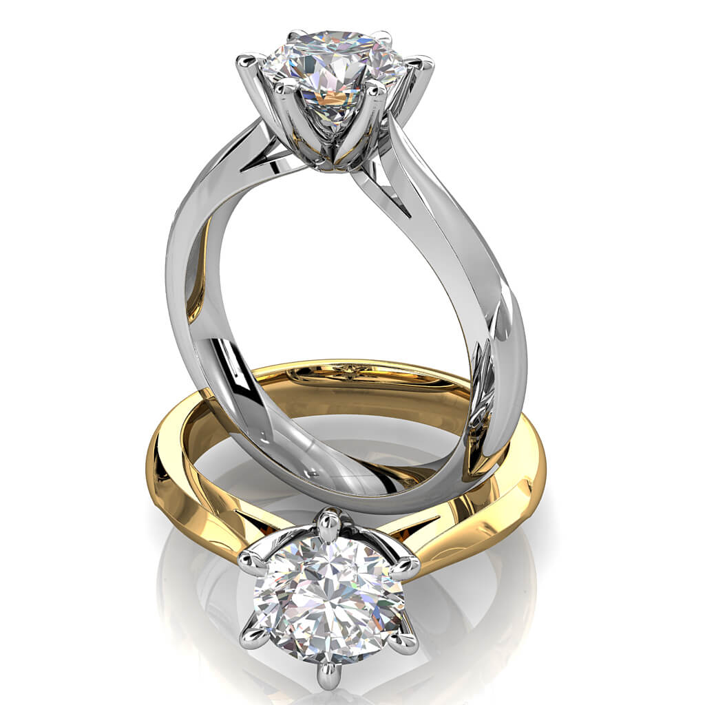 Round Brilliant Cut Solitaire Diamond Engagement Ring, 6 Heavy Pear Shape Claws on Tapered Knife Edge Rouned Band with Fluted Undersetting.
